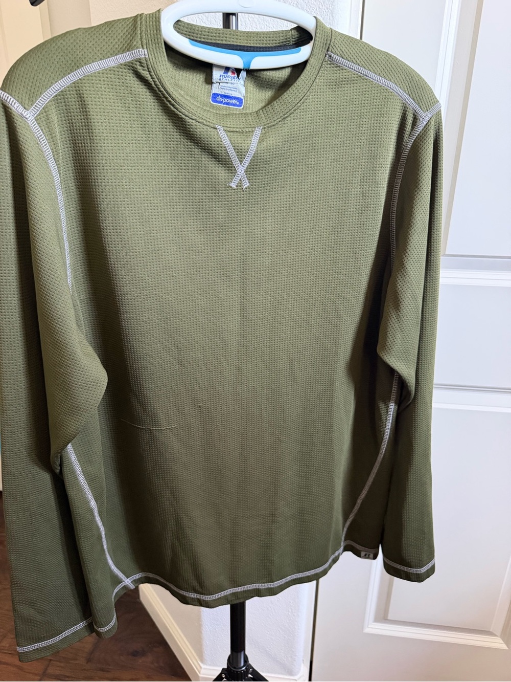 Russell Athletic Olive Crewneck Thermal Sweater with Contrast Stitching